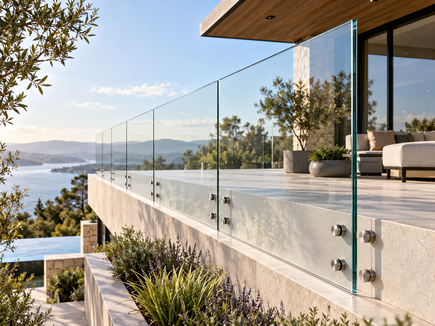 Custom clear glass deck railing with stainless steel posts