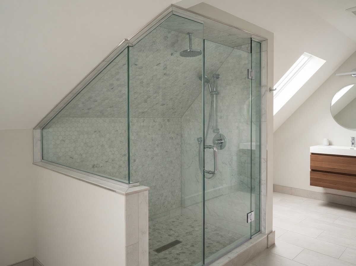 Custom clear glass shower enclosure fitted beneath an angled ceiling